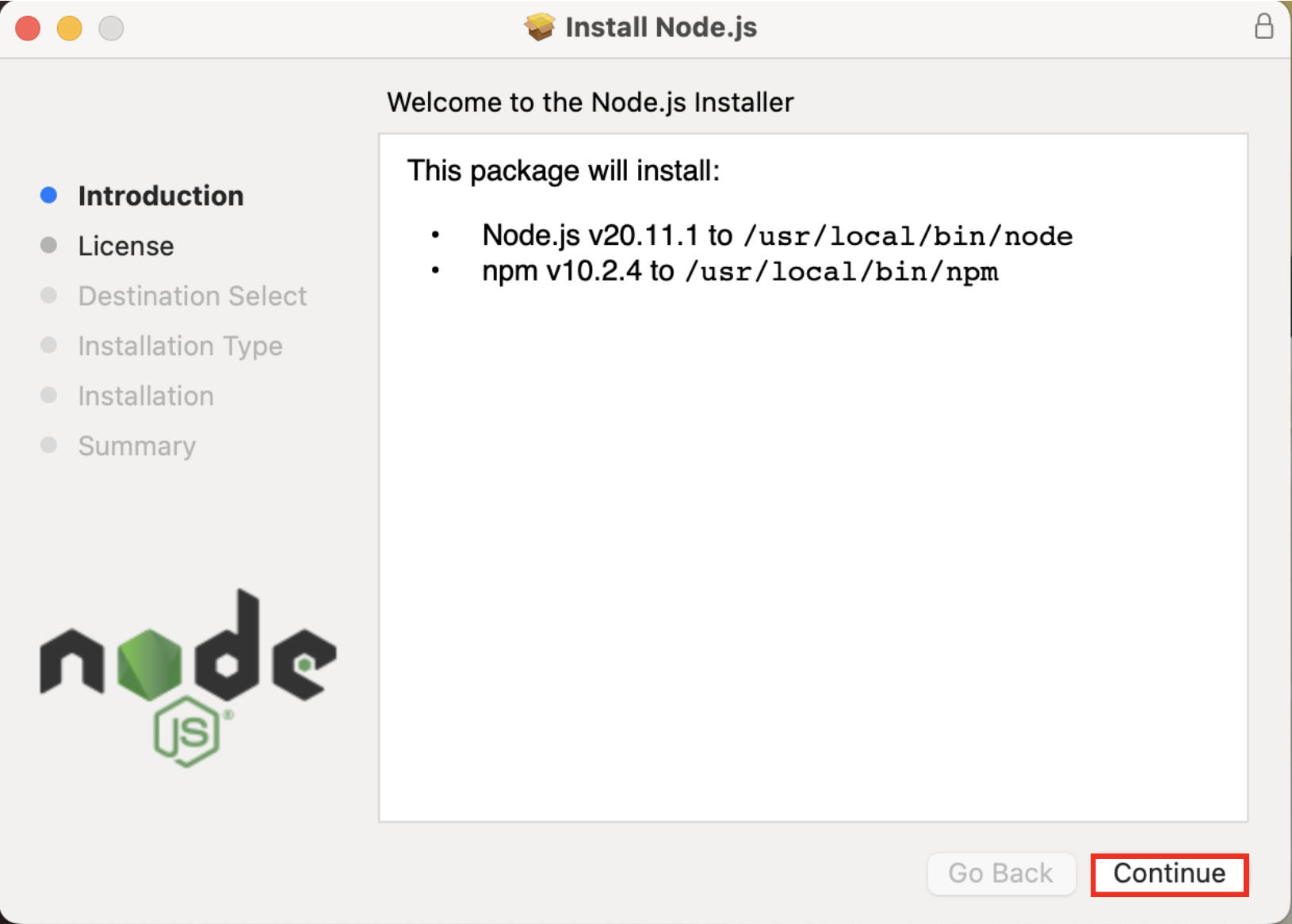 Node.js macOS Installing